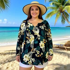 Cathy Woman 2XL Black Floral Tropical Longsleeve Sleeve Tunic Top Stretch Casual